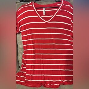 Zenana Outfitters Red and White Striped V-Neck Tee